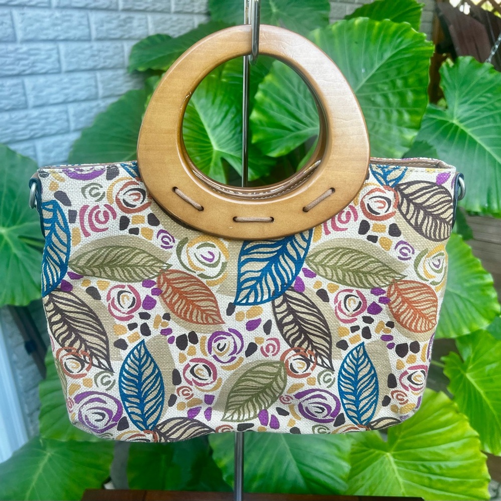 Beautiful, Relic Vintage Canvas Leaf Handbag Wooden Handles Collection 14" Purse - Picture 2 of 4